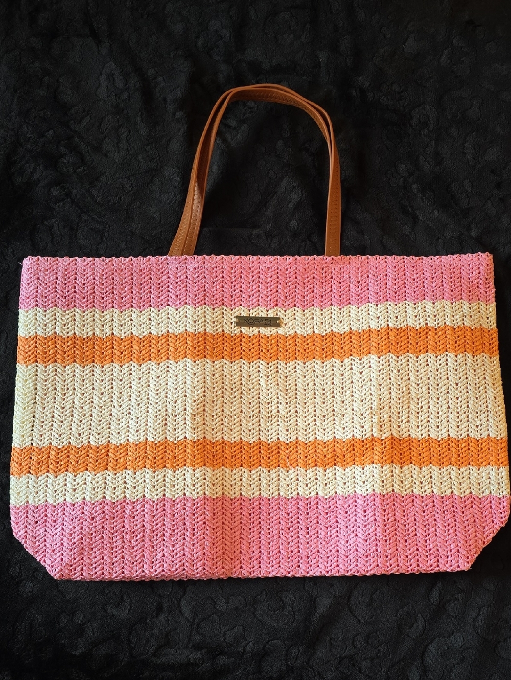 Kopari Pink, Orange & Cream Striped Woven Tote with Brown Handles NWOT